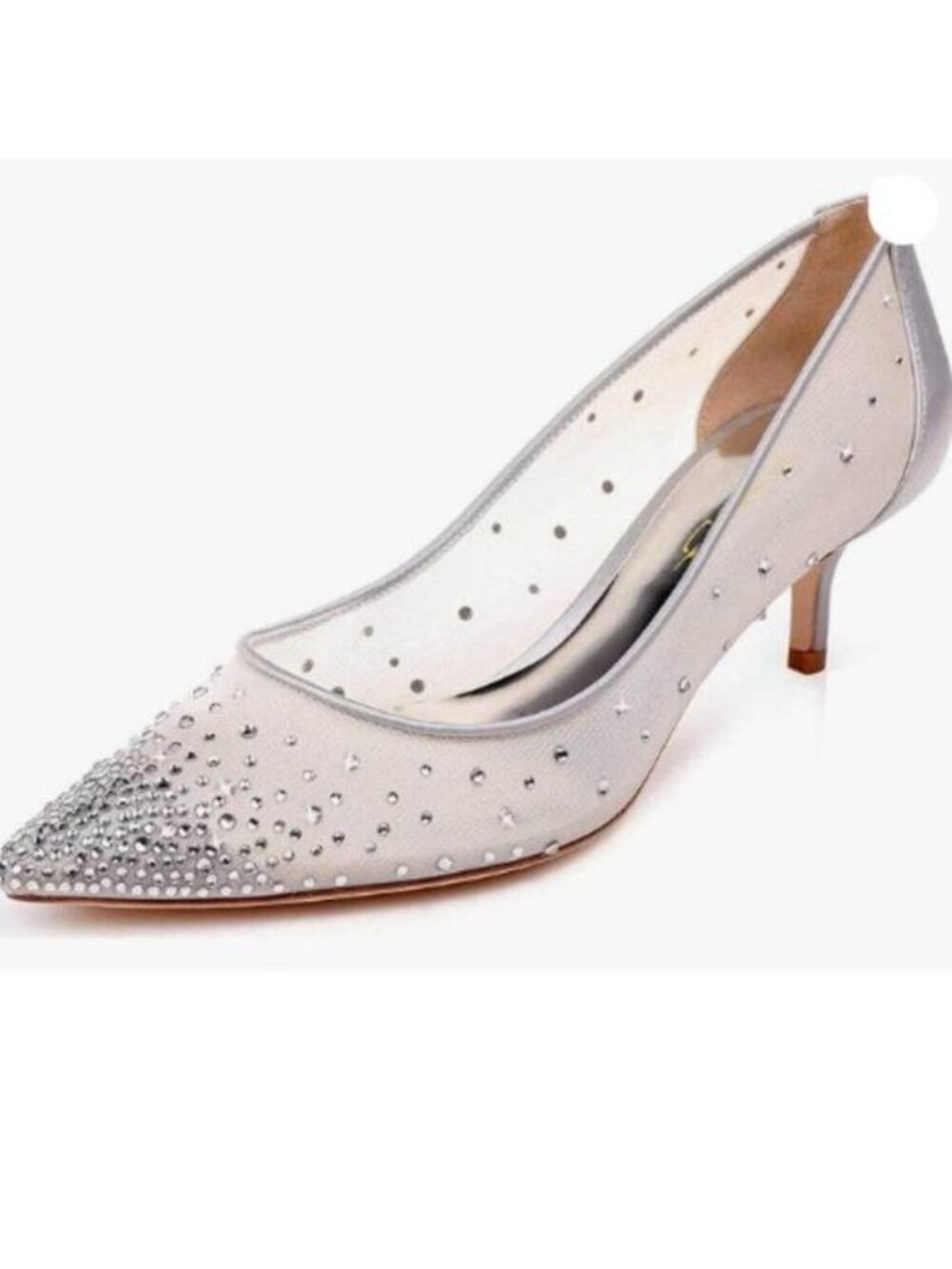 XYD Women Mid Kitten Heels Pumps Rhinestones Mesh Slip On Pointed Toe Silver